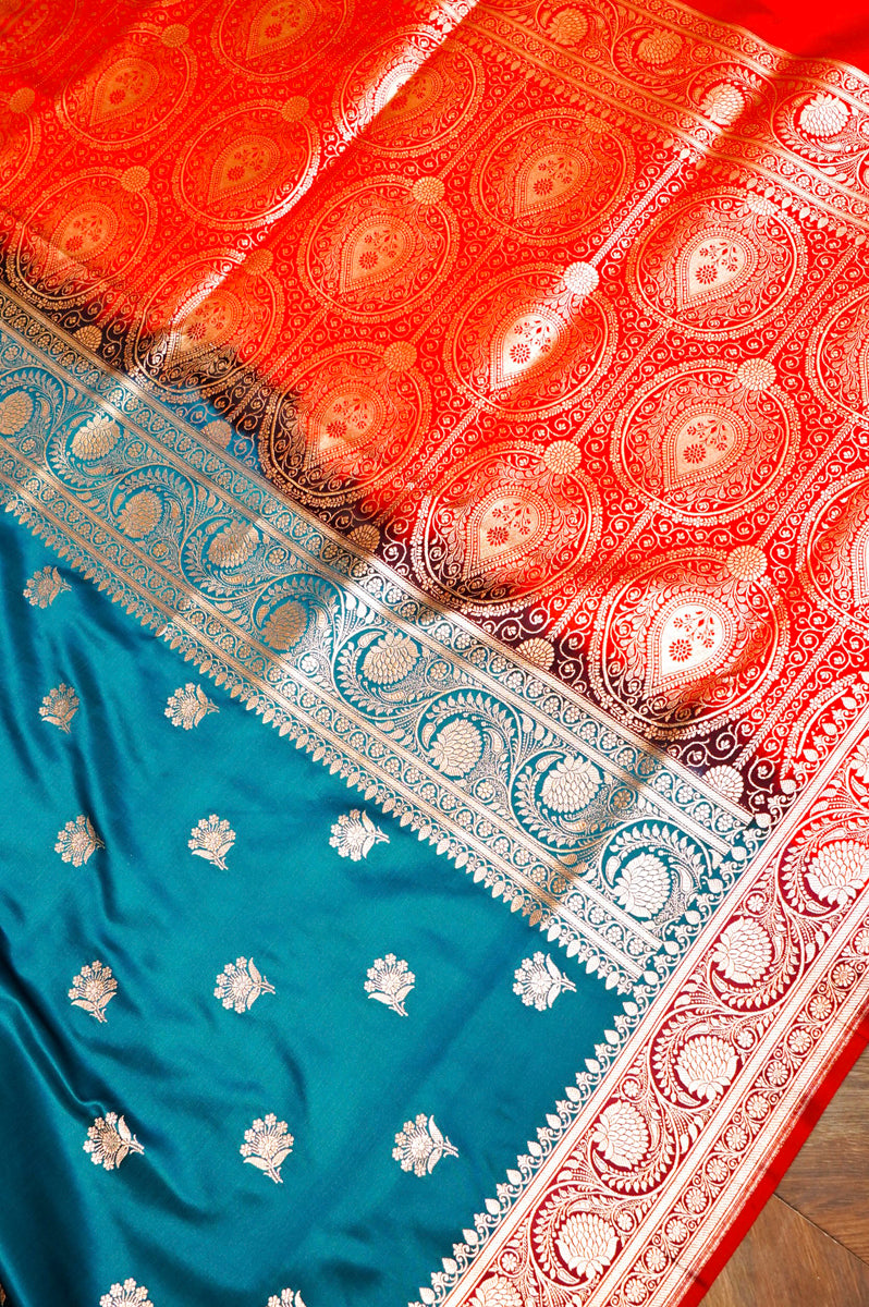 Peacock Blue & Red Silk Saree