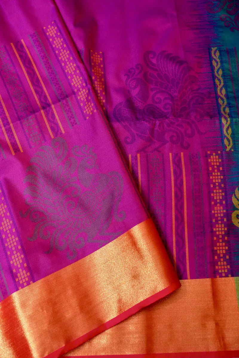 BANARASI SATIN PURPLE WITH RAMA GREEN COLOR SILK SAREE