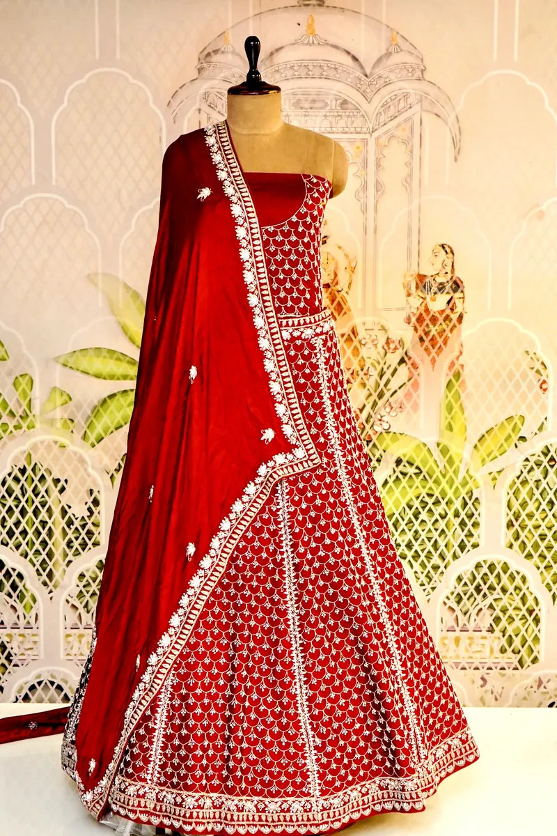 PURE CREPE SILK MAROON COLOR PARTY WEAR LEHENGA