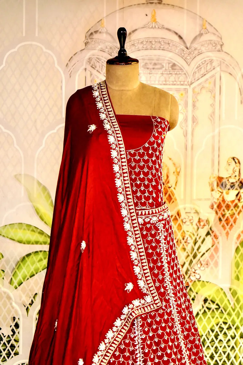 PURE CREPE SILK MAROON COLOR PARTY WEAR LEHENGA