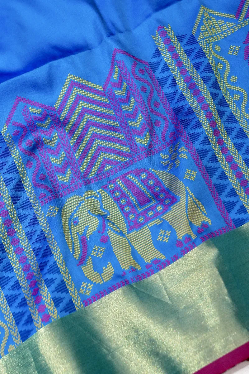 BANARASI SATIN PEACOCK BLUE WITH PURPLE COLOR SILK SAREE