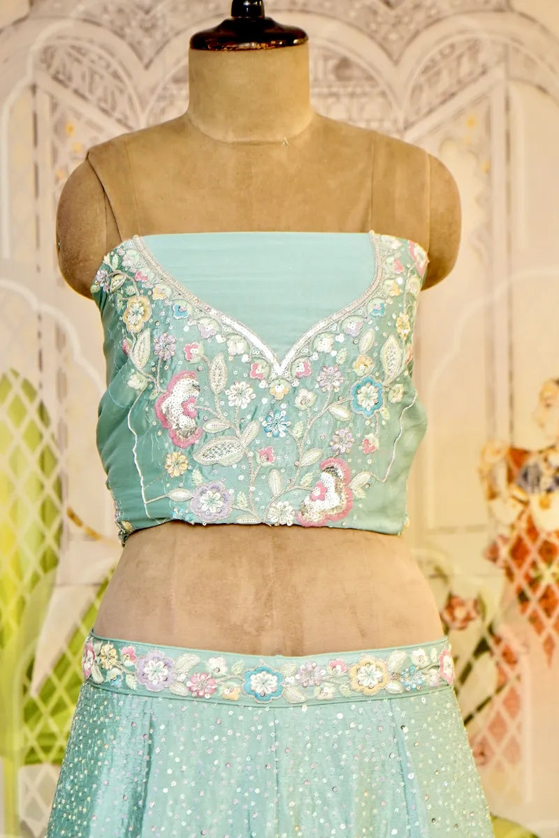 PURE CREPE SILK SEA GREEN COLOR PARTY WEAR LEHENGA