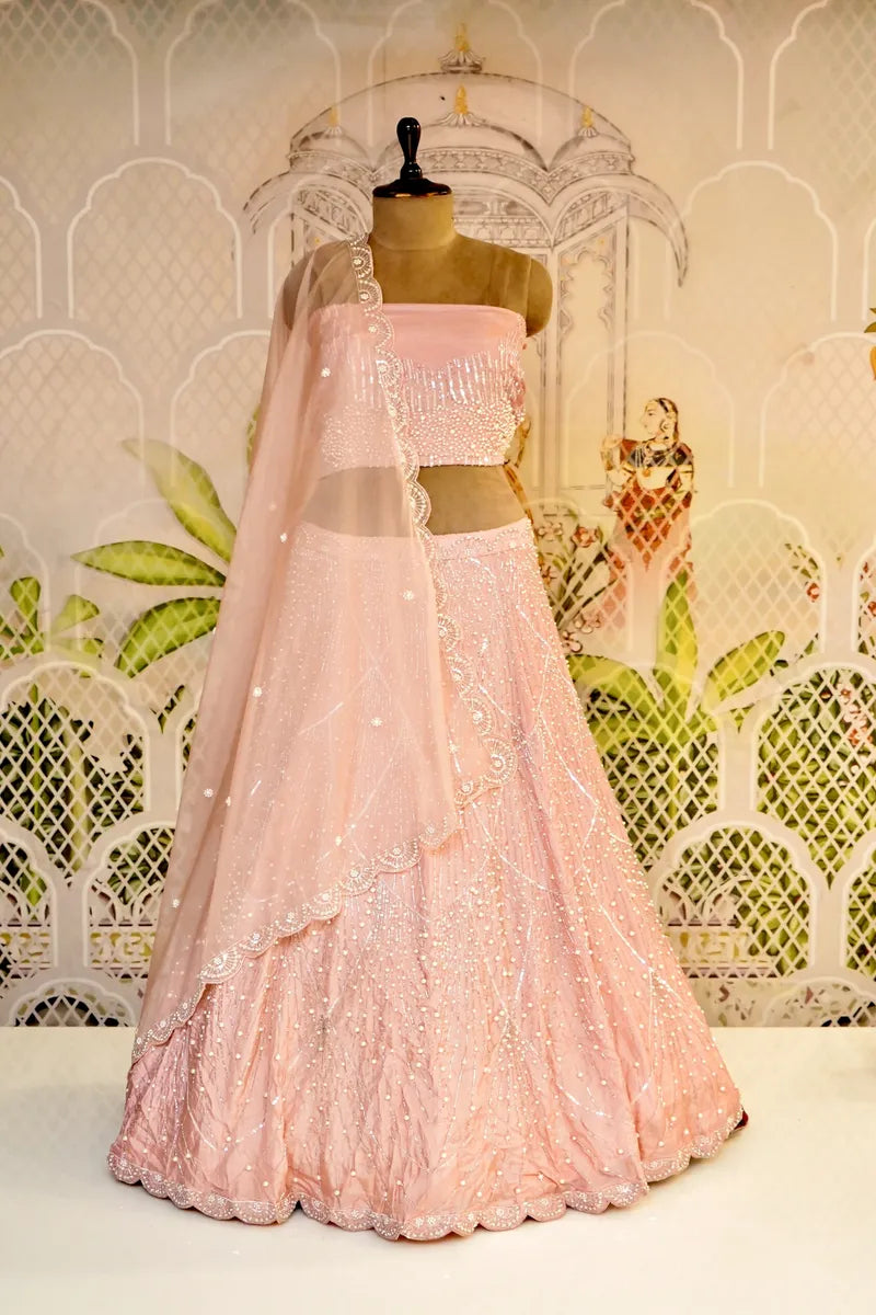 PURE CREPE SILK PEACH COLOR PARTY WEAR LEHENGA