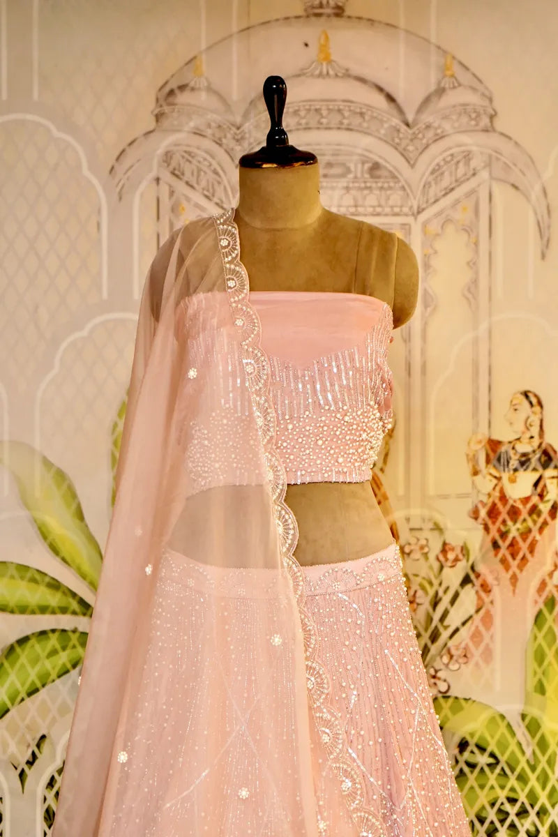 PURE CREPE SILK PEACH COLOR PARTY WEAR LEHENGA