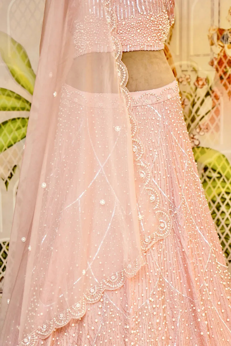 PURE CREPE SILK PEACH COLOR PARTY WEAR LEHENGA