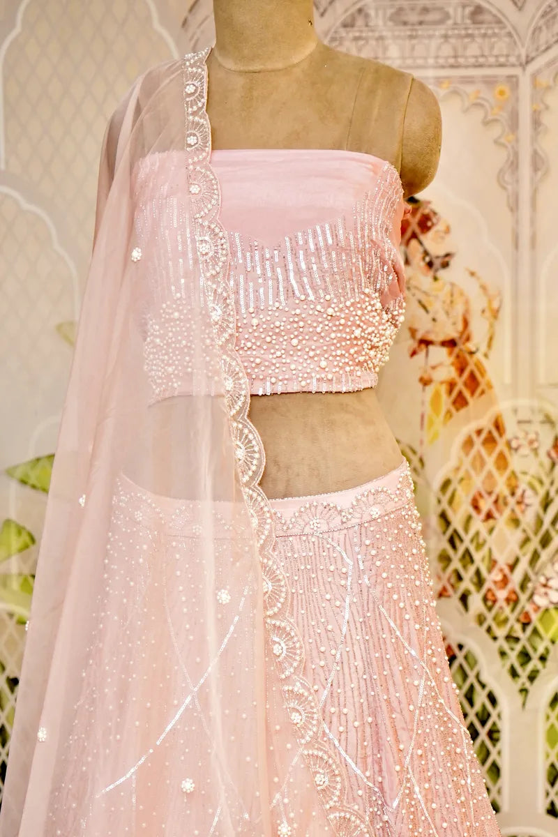 PURE CREPE SILK PEACH COLOR PARTY WEAR LEHENGA