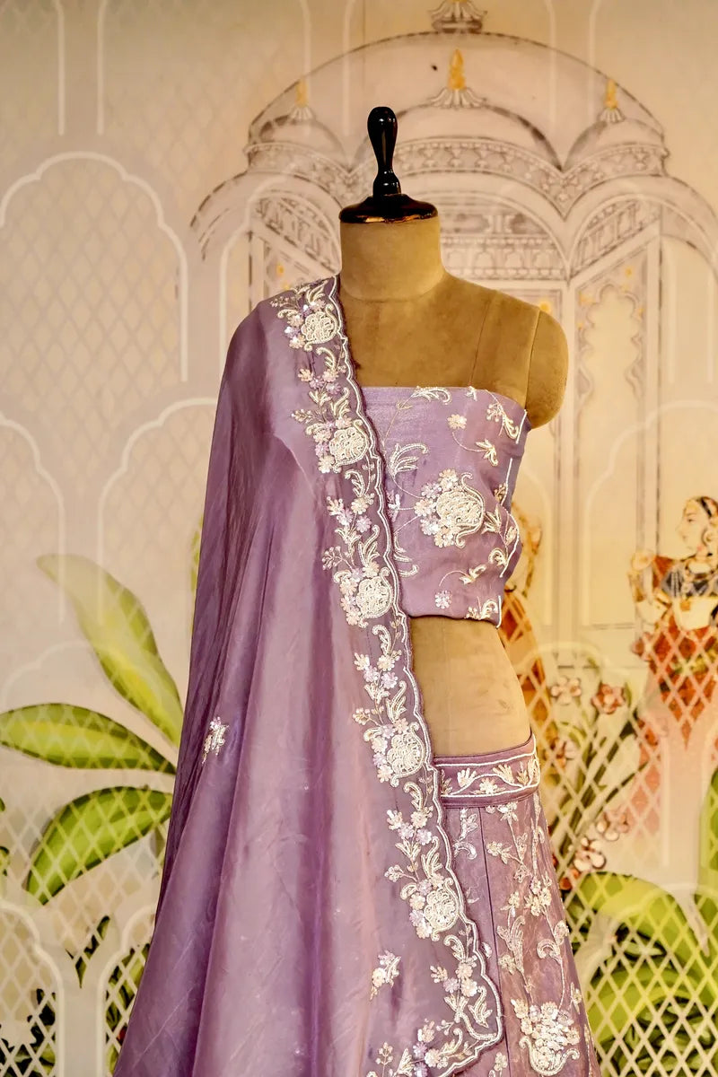 PURE GLASS TISSUE LAVENDER COLOR PARTY WEAR LEHENGA