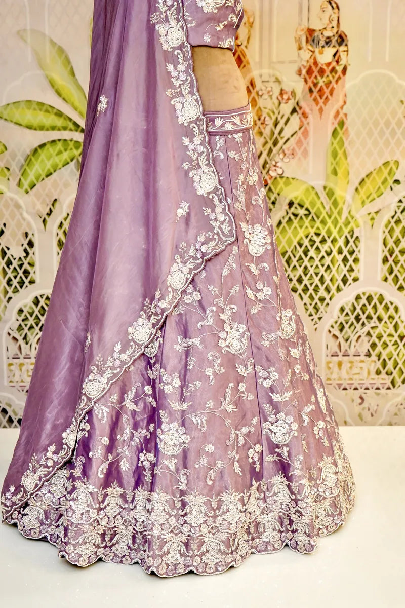 PURE GLASS TISSUE LAVENDER COLOR PARTY WEAR LEHENGA