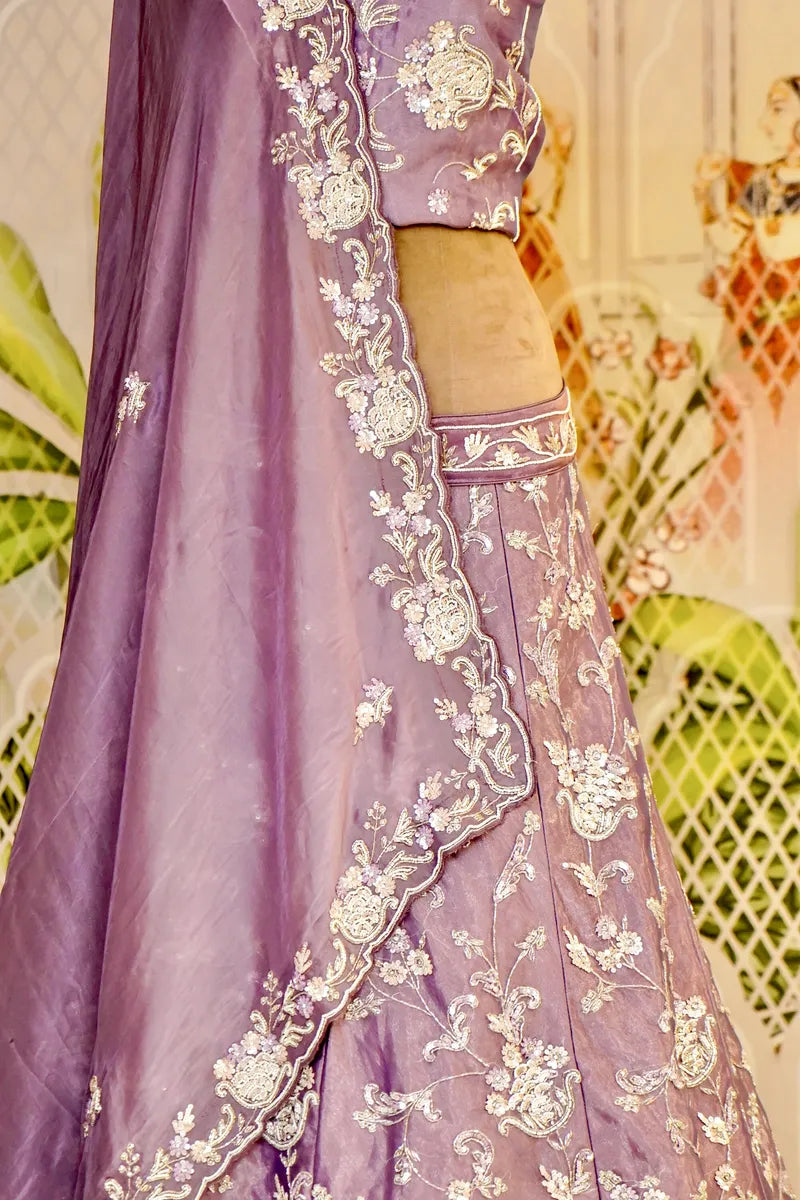 PURE GLASS TISSUE LAVENDER COLOR PARTY WEAR LEHENGA