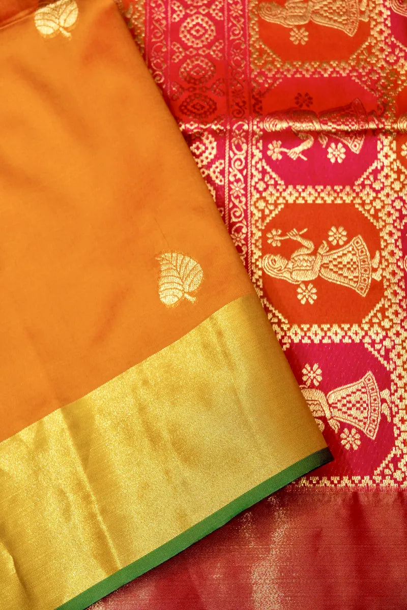 BANARASI SATIN MUSTARD YELLOW WITH PINK COLOR SILK SAREE
