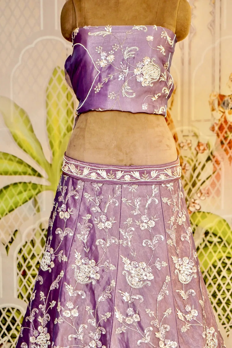 PURE GLASS TISSUE LAVENDER COLOR PARTY WEAR LEHENGA