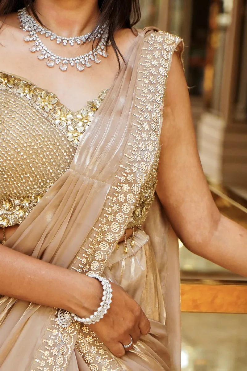 BEIGE GOLD COLOR TWO PIECES SAREE DESIGN INDO-WESTERN SAREE