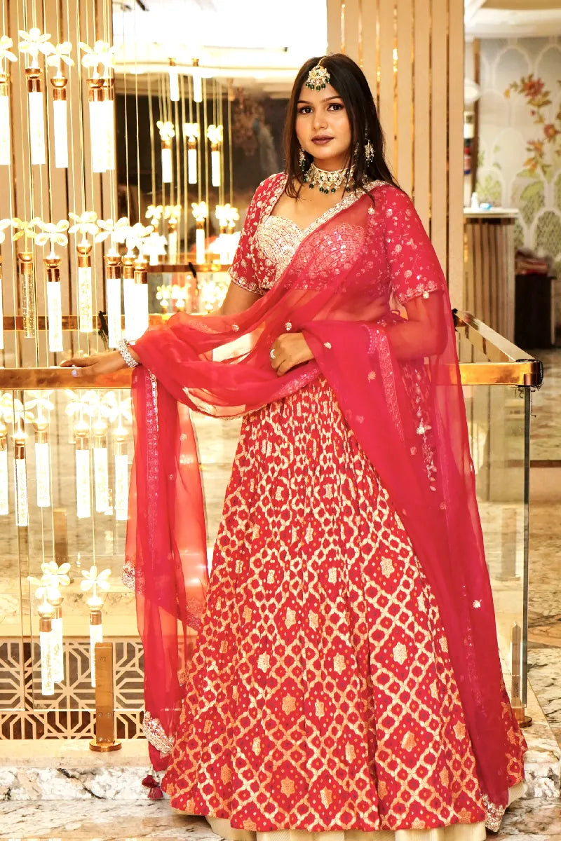 PINK COLOR THREE PIECES CROP TOP DESIGN INDO-WESTERN LEHENGA