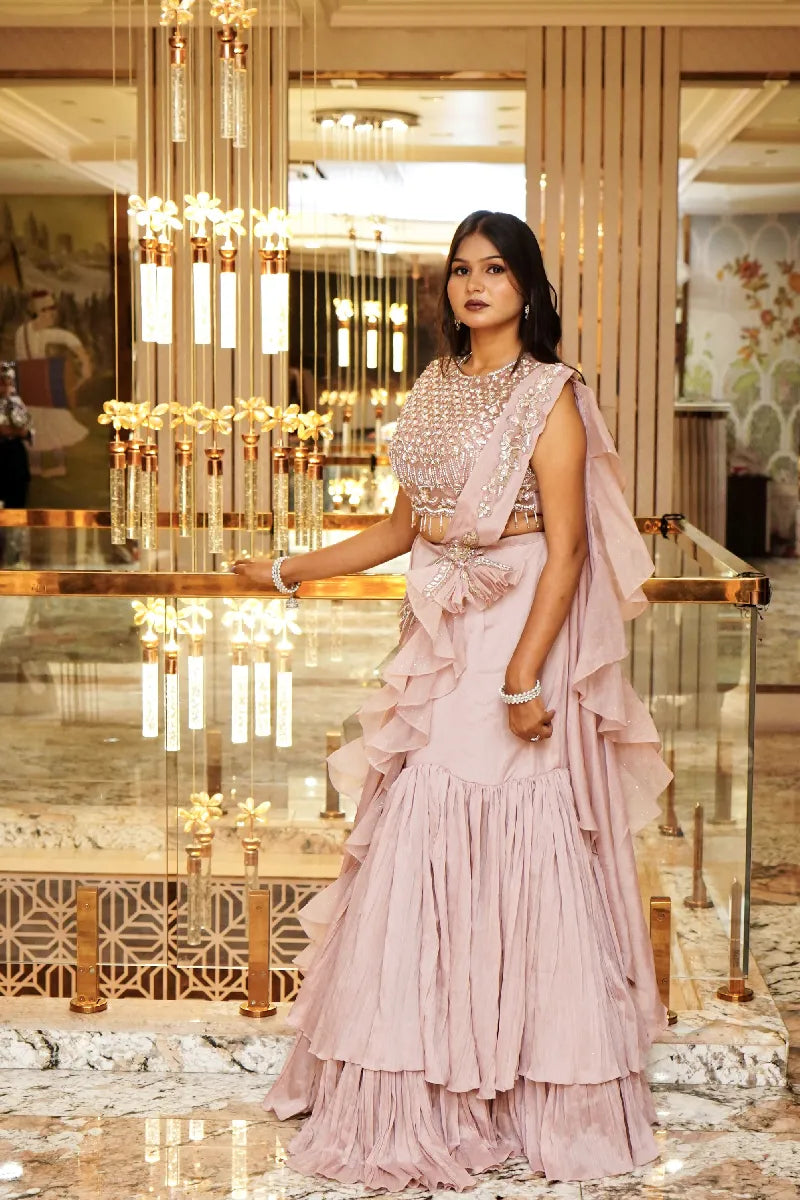 PESTAL PINK COLOUR MERMAID DESIGN INDO-WESTERN DREP STYLE LEHENGA