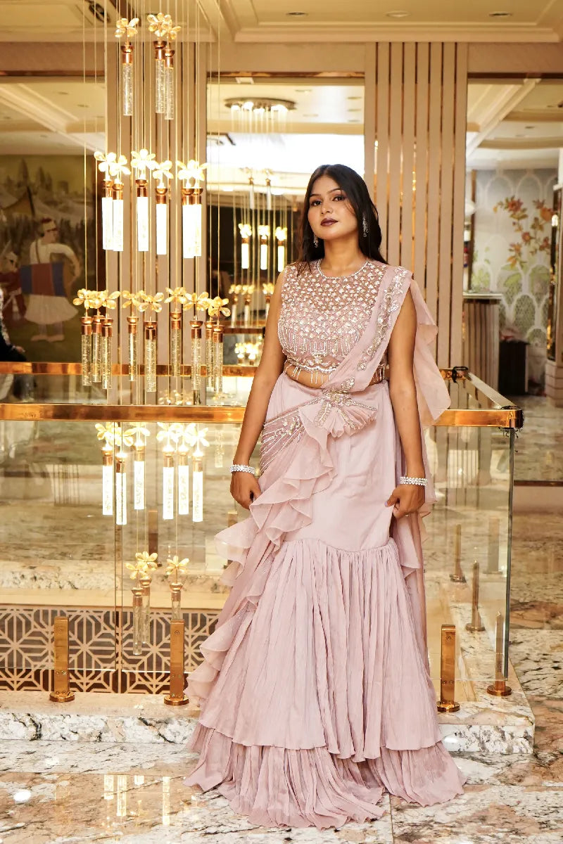 PESTAL PINK COLOUR MERMAID DESIGN INDO-WESTERN DREP STYLE LEHENGA