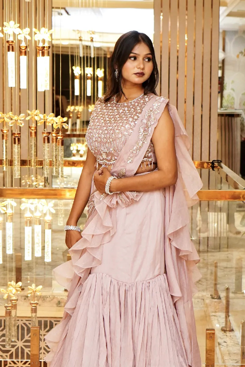 PESTAL PINK COLOUR MERMAID DESIGN INDO-WESTERN DREP STYLE LEHENGA