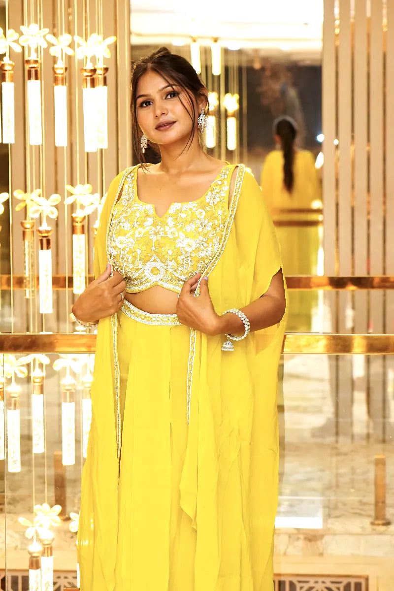 LEMON YELLOW COLOR DESIGNER THREE PIECES INDO-WESTERN LEHENGA