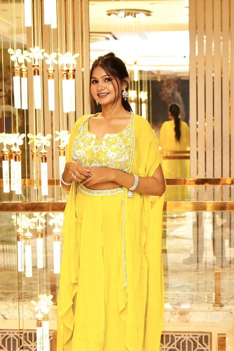 LEMON YELLOW COLOR DESIGNER THREE PIECES INDO-WESTERN LEHENGA