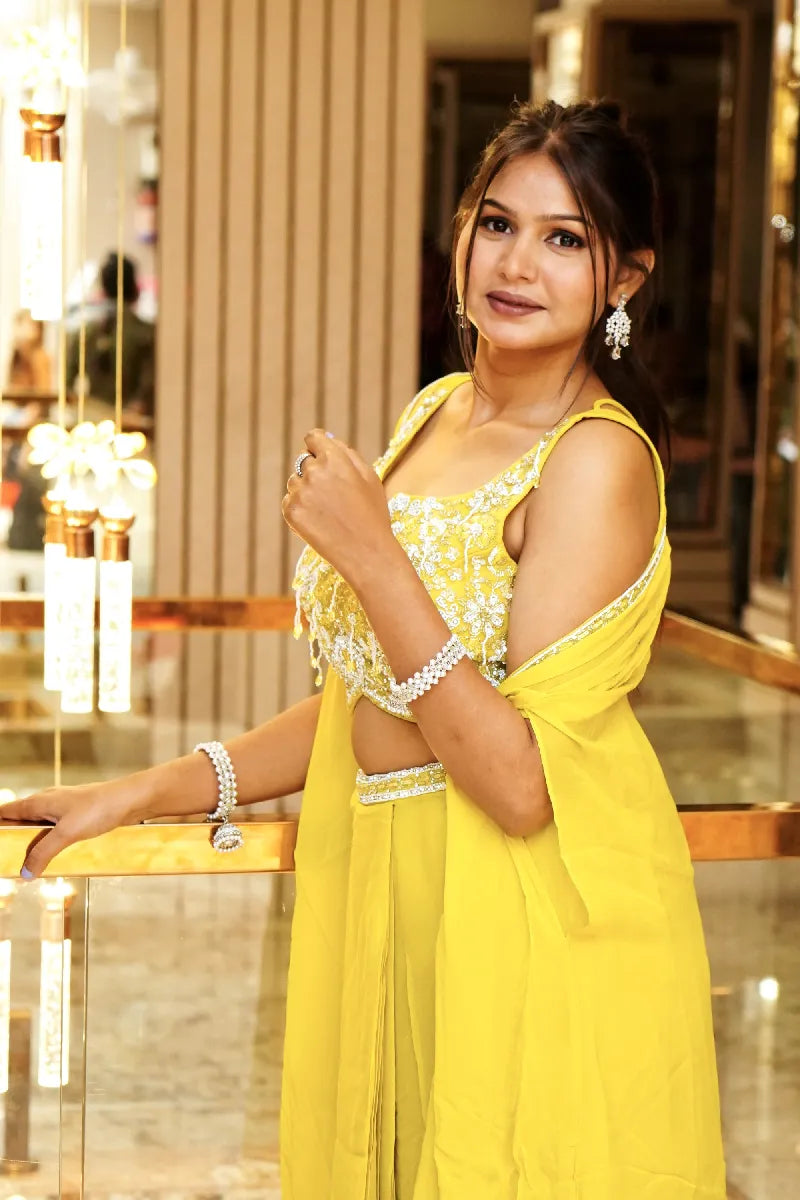 LEMON YELLOW COLOR DESIGNER THREE PIECES INDO-WESTERN LEHENGA