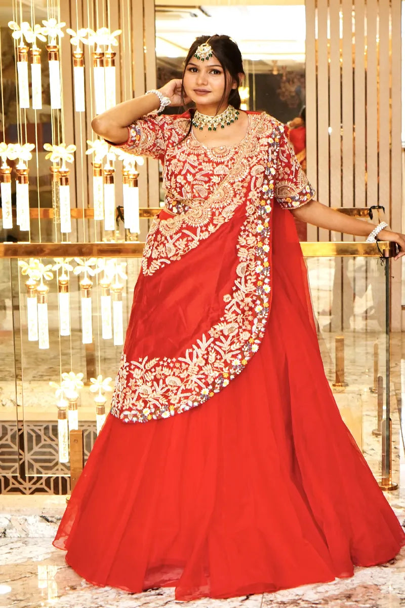 RED COLOR CROP TOP DESIGNER THREE PIECES DESIGN INDO-WESTERN LEHENGA