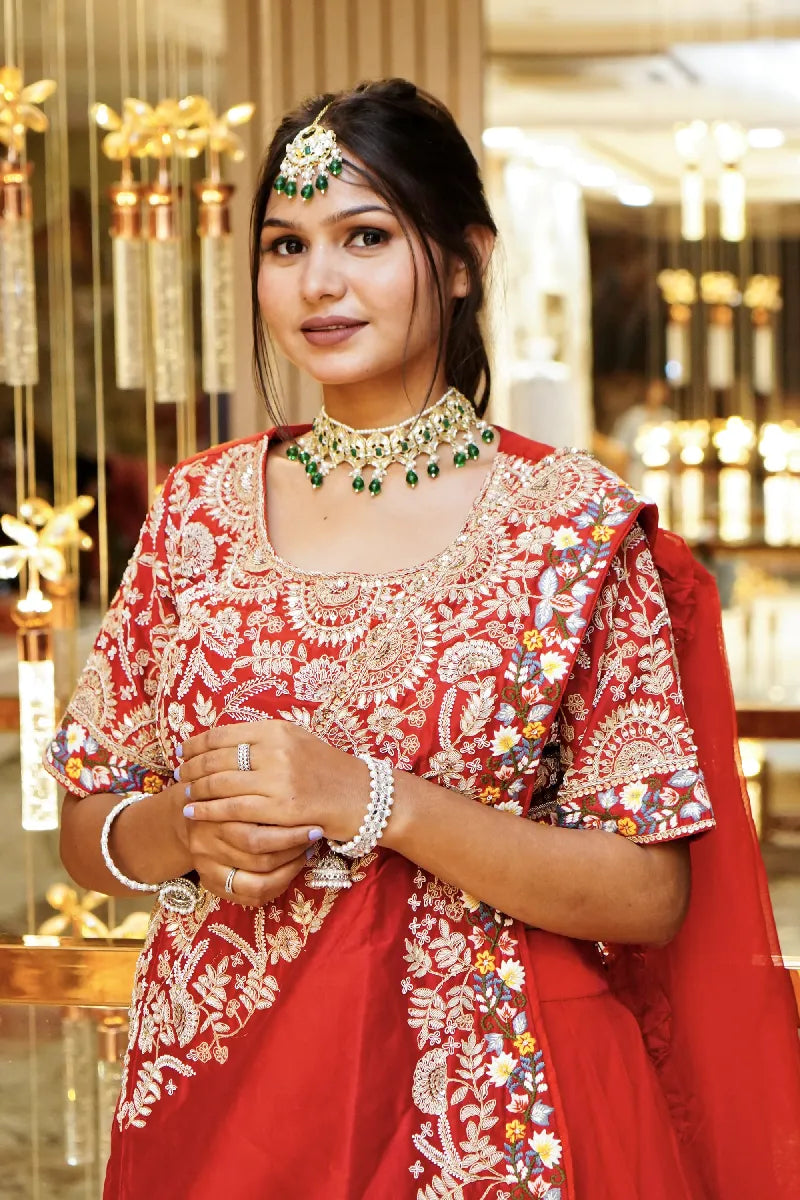 RED COLOR CROP TOP DESIGNER THREE PIECES DESIGN INDO-WESTERN LEHENGA
