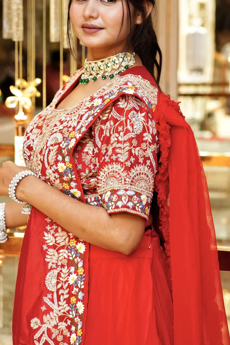 RED COLOR CROP TOP DESIGNER THREE PIECES DESIGN INDO-WESTERN LEHENGA