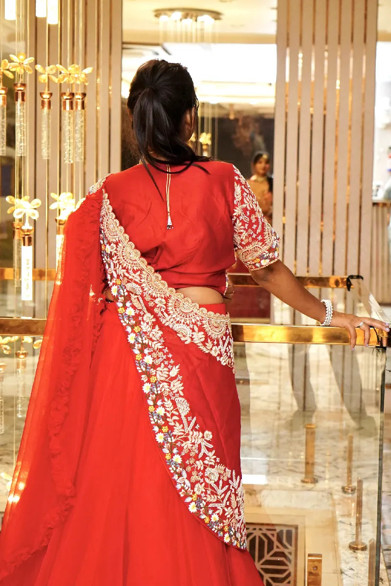 RED COLOR CROP TOP DESIGNER THREE PIECES DESIGN INDO-WESTERN LEHENGA