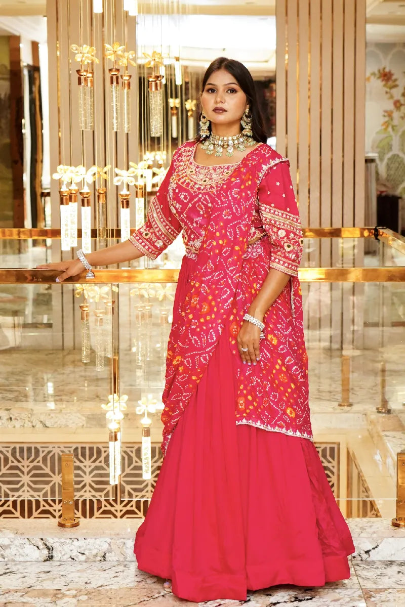 DARK PINK COLOR BANDHANI DESIGN INDO-WESTERN DREP STYLE LEHENGA