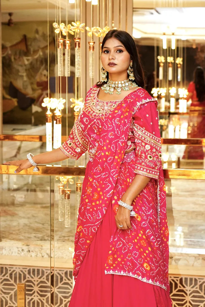 DARK PINK COLOR BANDHANI DESIGN INDO-WESTERN DREP STYLE LEHENGA
