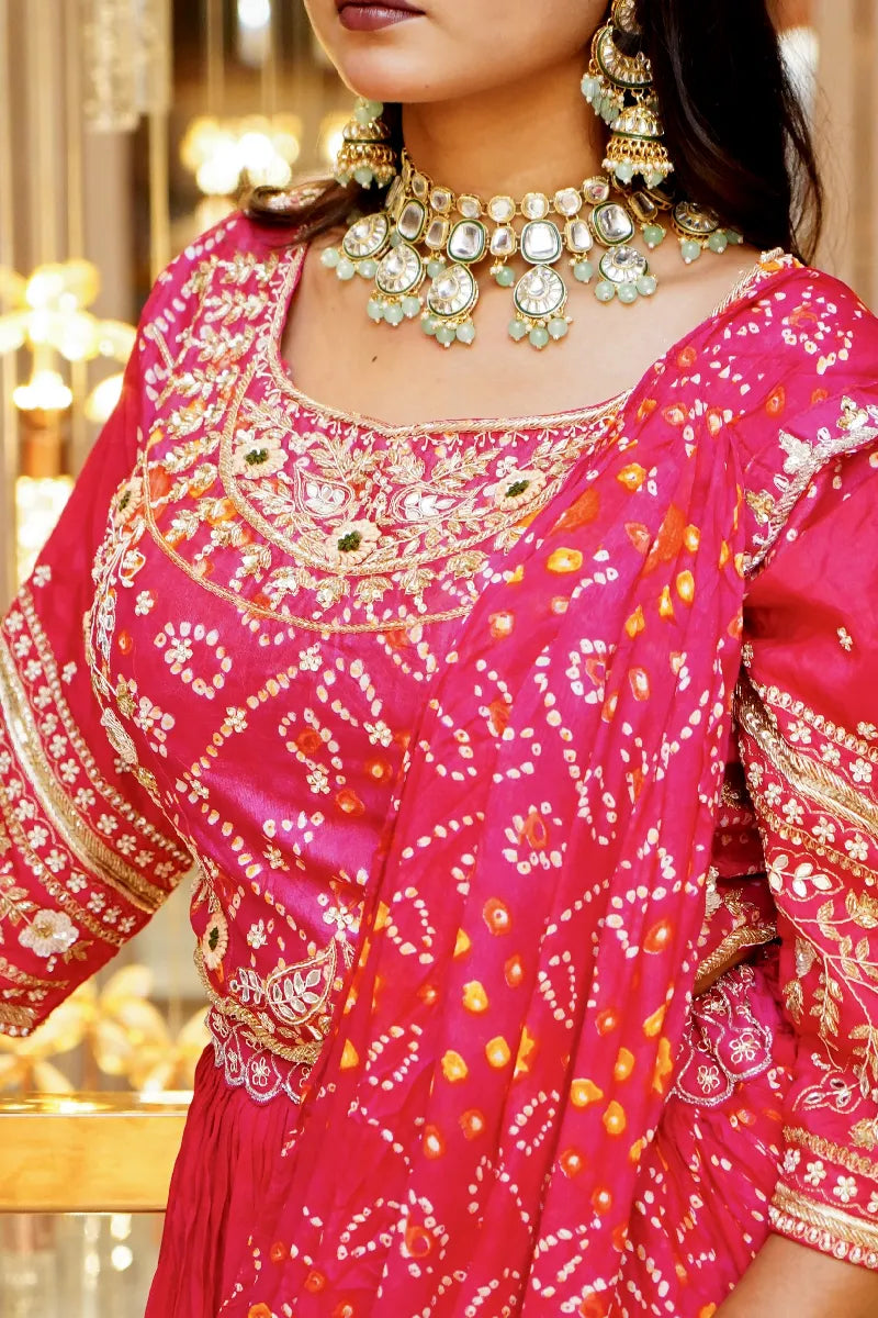 DARK PINK COLOR BANDHANI DESIGN INDO-WESTERN DREP STYLE LEHENGA