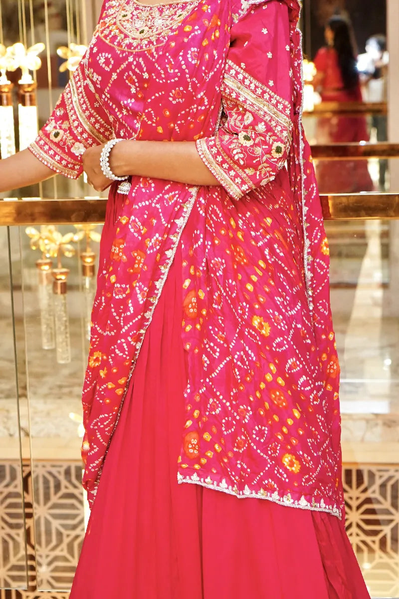 DARK PINK COLOR BANDHANI DESIGN INDO-WESTERN DREP STYLE LEHENGA