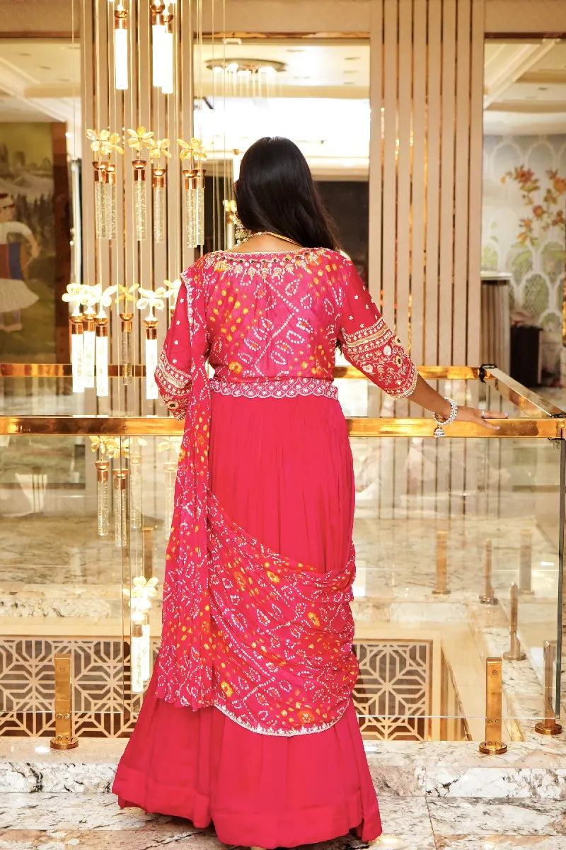 DARK PINK COLOR BANDHANI DESIGN INDO-WESTERN DREP STYLE LEHENGA