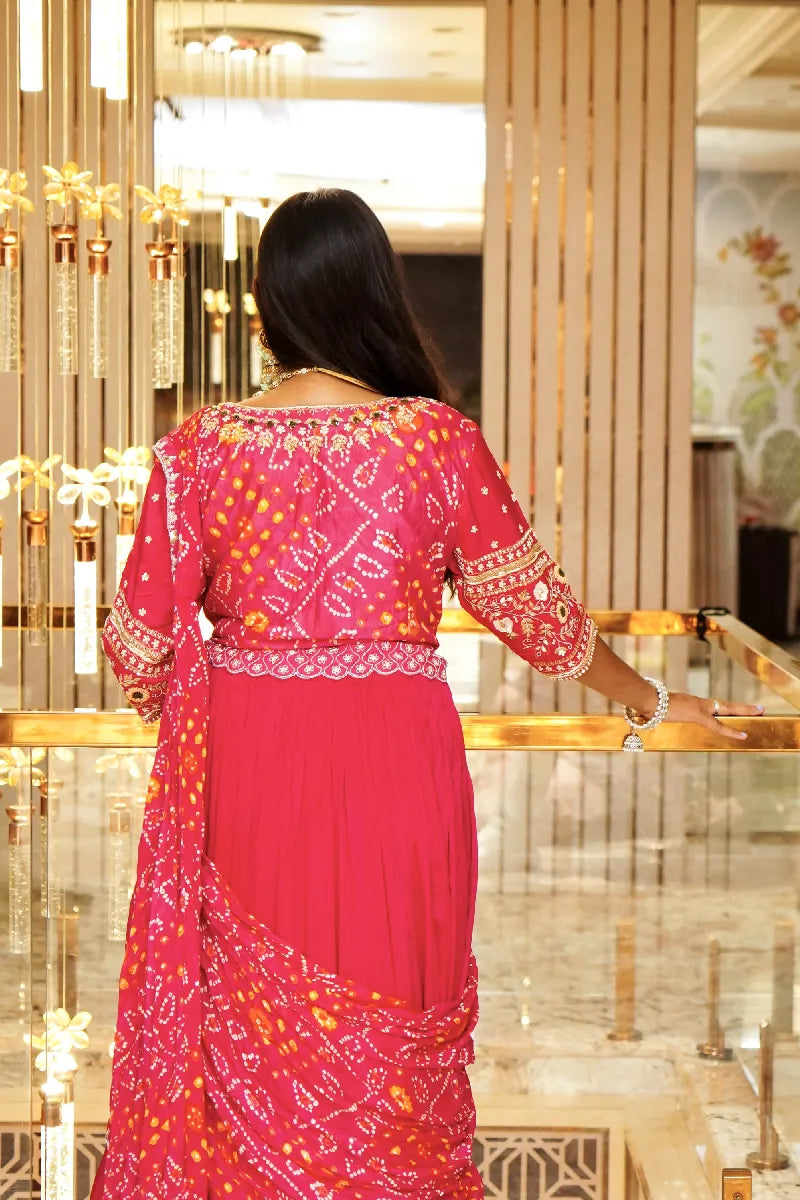 DARK PINK COLOR BANDHANI DESIGN INDO-WESTERN DREP STYLE LEHENGA