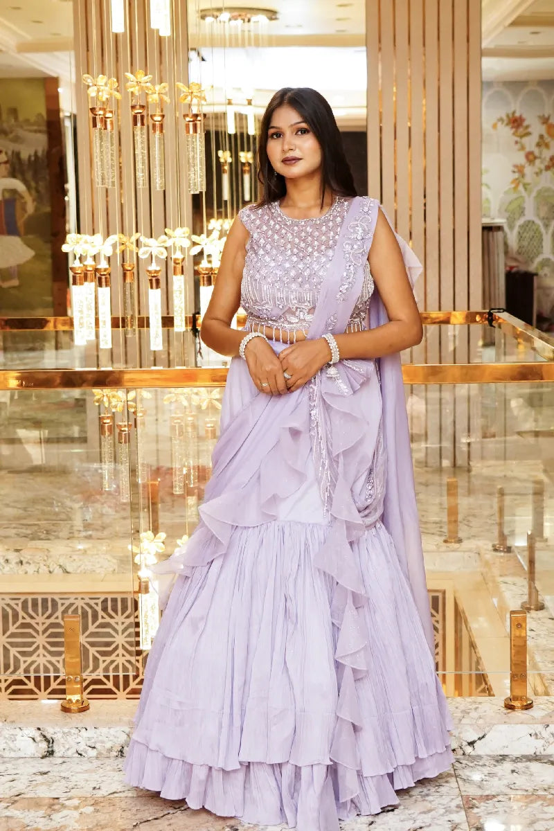 LAVENDER COLOUR CRUSH DESIGN INDO-WESTERN DREP STYLE LEHENGA