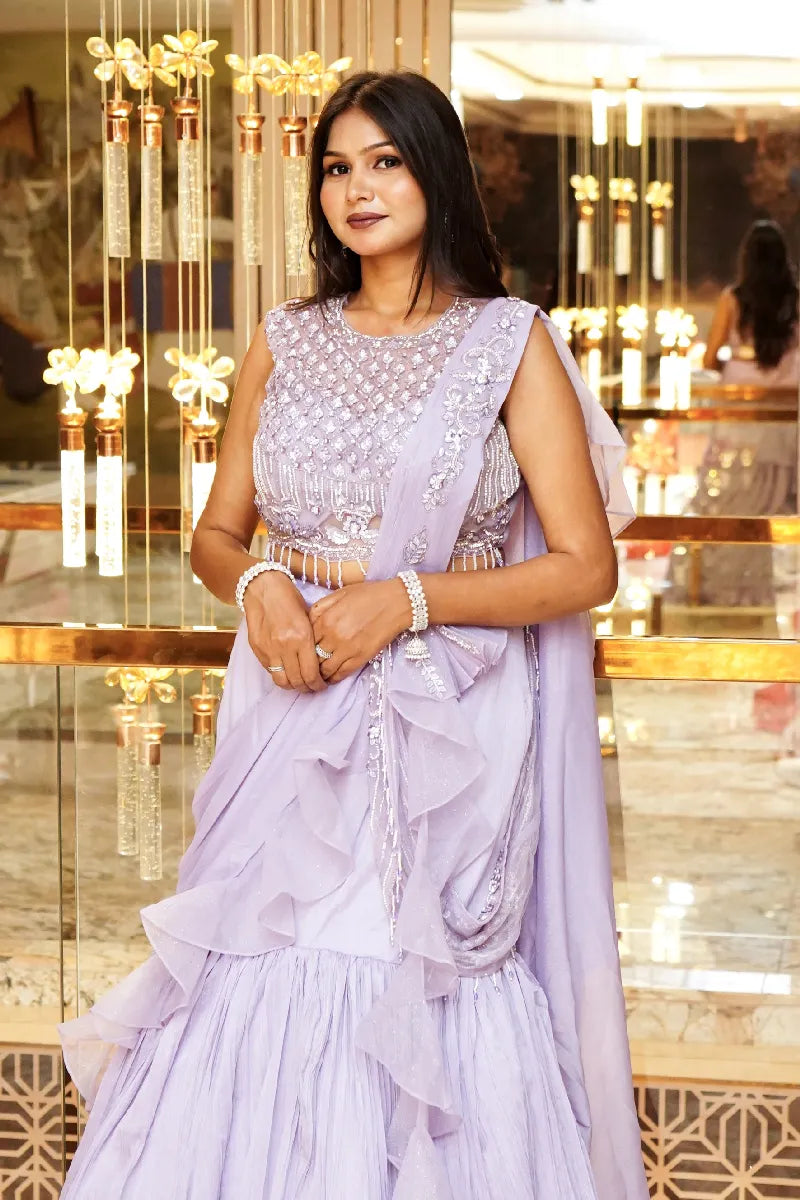 LAVENDER COLOUR CRUSH DESIGN INDO-WESTERN DREP STYLE LEHENGA