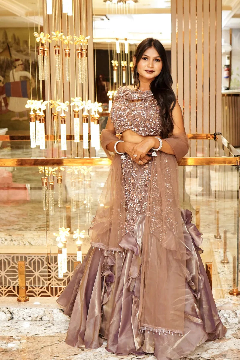 MAUVE COLOUR FISH CUT DESIGN INDO-WESTERN LEHENGA