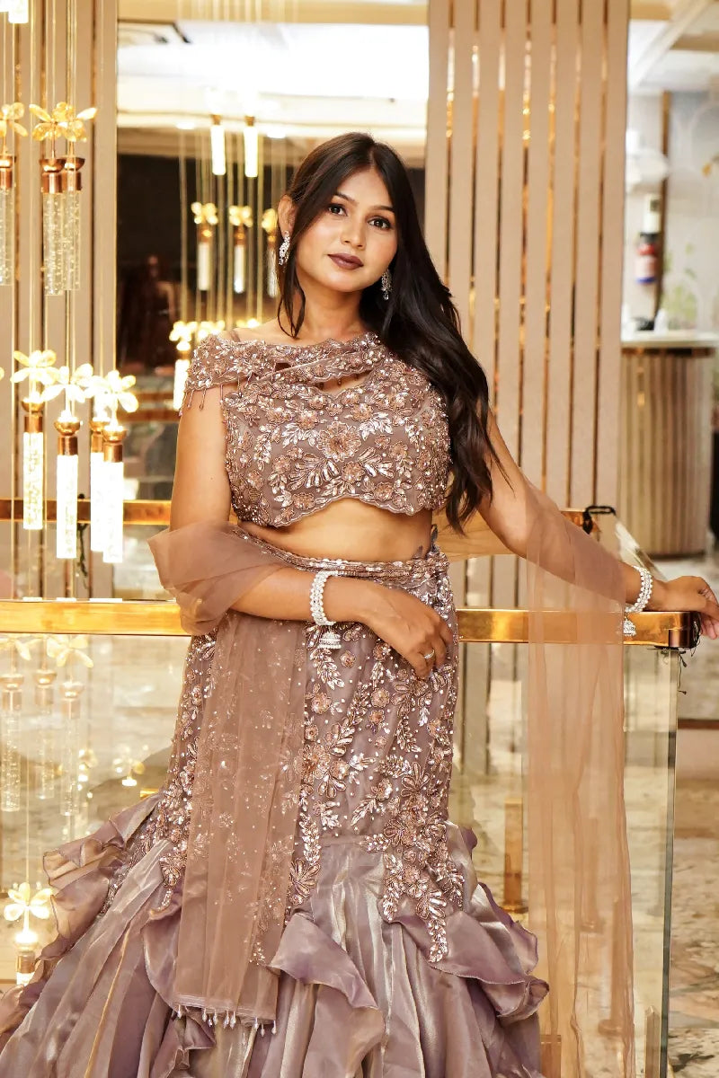 MAUVE COLOUR FISH CUT DESIGN INDO-WESTERN LEHENGA