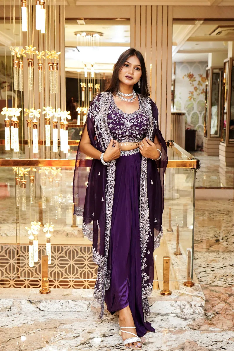 PURPLE COLOR THREE PIECE DESIGN INDO-WESTERN LEHENGA