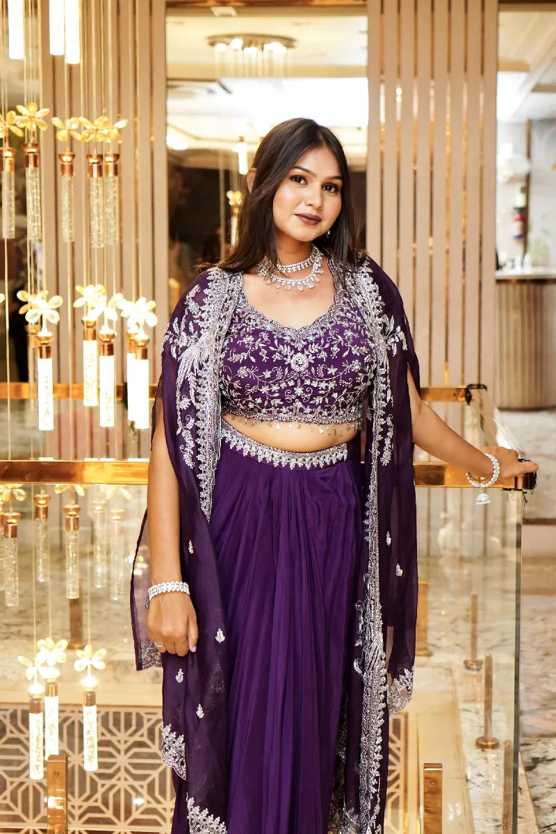 PURPLE COLOR THREE PIECE DESIGN INDO-WESTERN LEHENGA