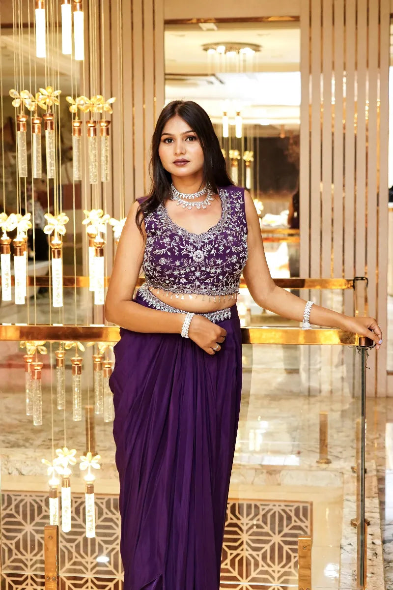 PURPLE COLOR THREE PIECE DESIGN INDO-WESTERN LEHENGA