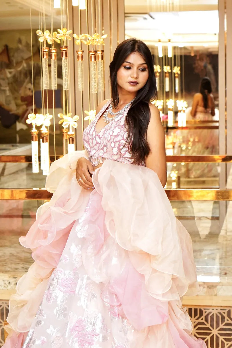 BABY PINK COLOR THREE PIECE DESIGN INDO-WESTERN LEHENGA