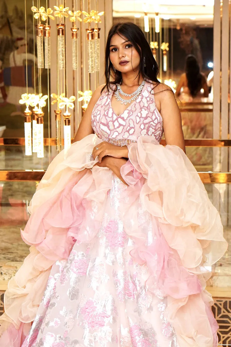 BABY PINK COLOR THREE PIECE DESIGN INDO-WESTERN LEHENGA