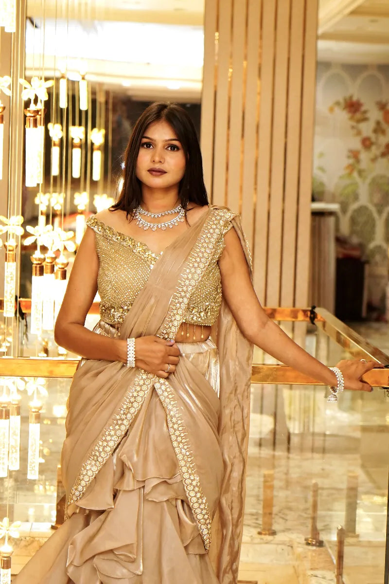BEIGE GOLD COLOR TWO PIECES SAREE DESIGN INDO-WESTERN SAREE