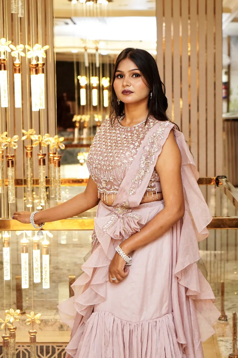 PESTAL PINK COLOUR MERMAID DESIGN INDO-WESTERN DREP STYLE LEHENGA