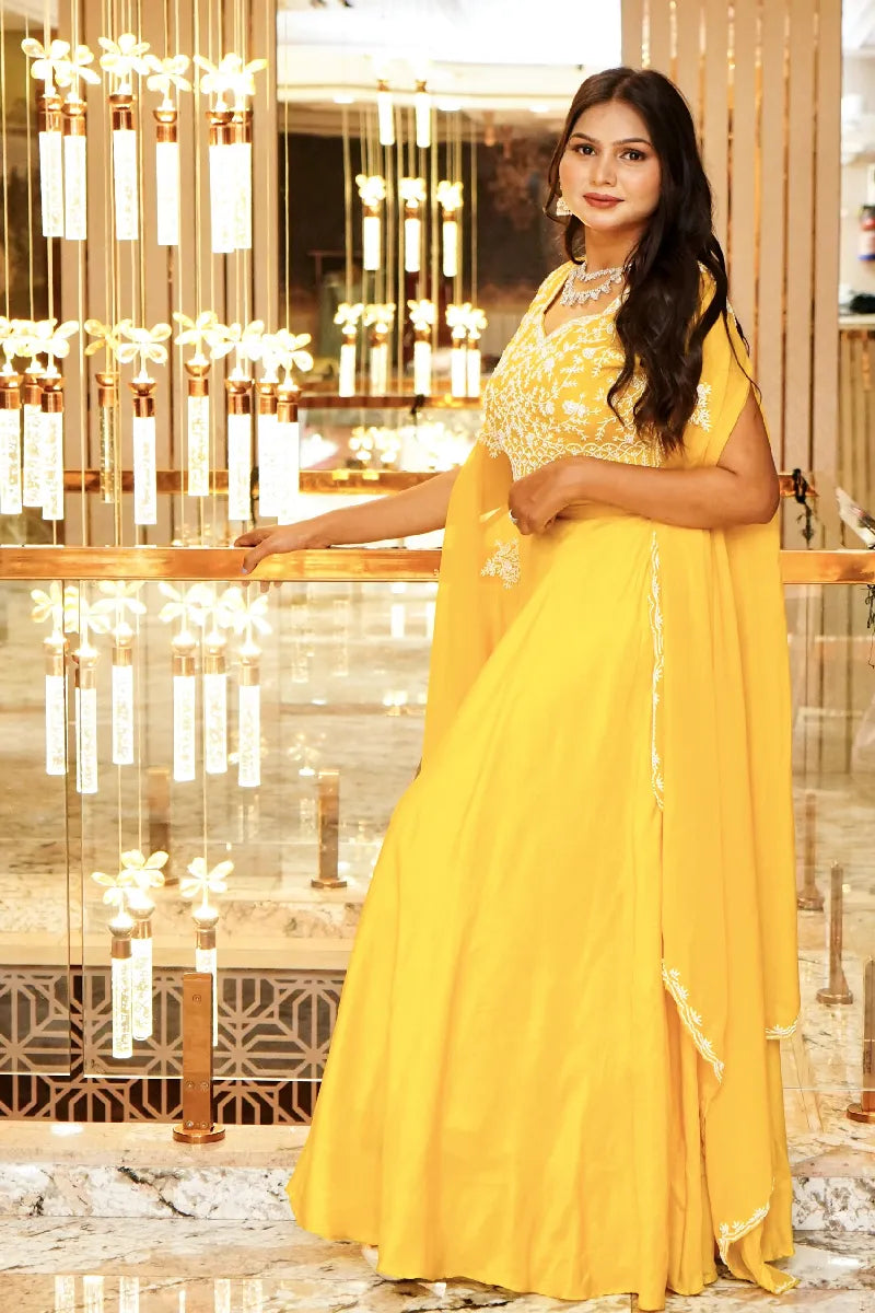 YELLOW COLOR THREE PIECES CROP TOP DESIGN INDO-WESTERN