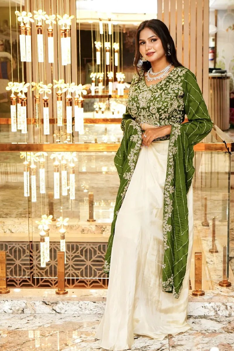 GREEN COLOR TWO PIECES CROP TOP DESIGN INDO-WESTERN