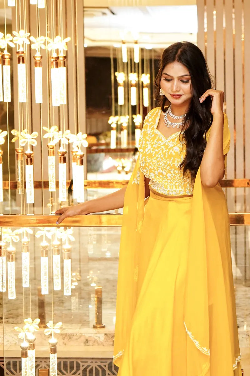 YELLOW COLOR THREE PIECES CROP TOP DESIGN INDO-WESTERN