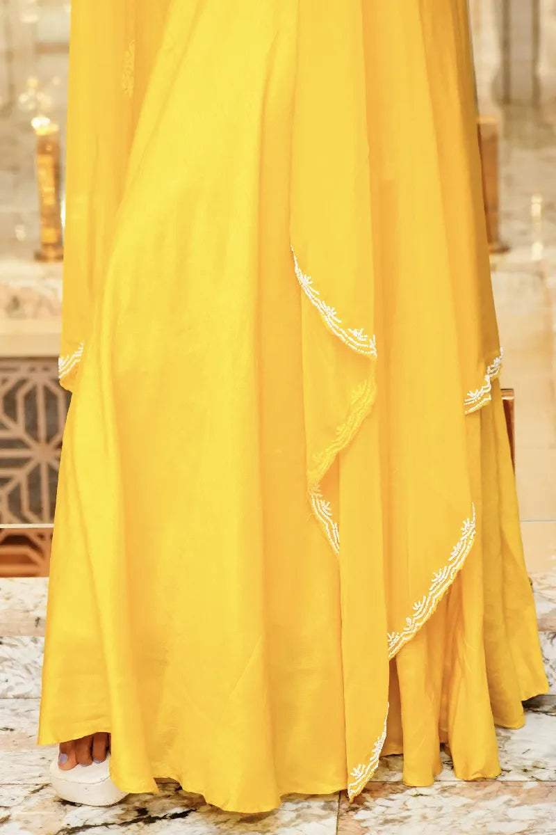 YELLOW COLOR THREE PIECES CROP TOP DESIGN INDO-WESTERN