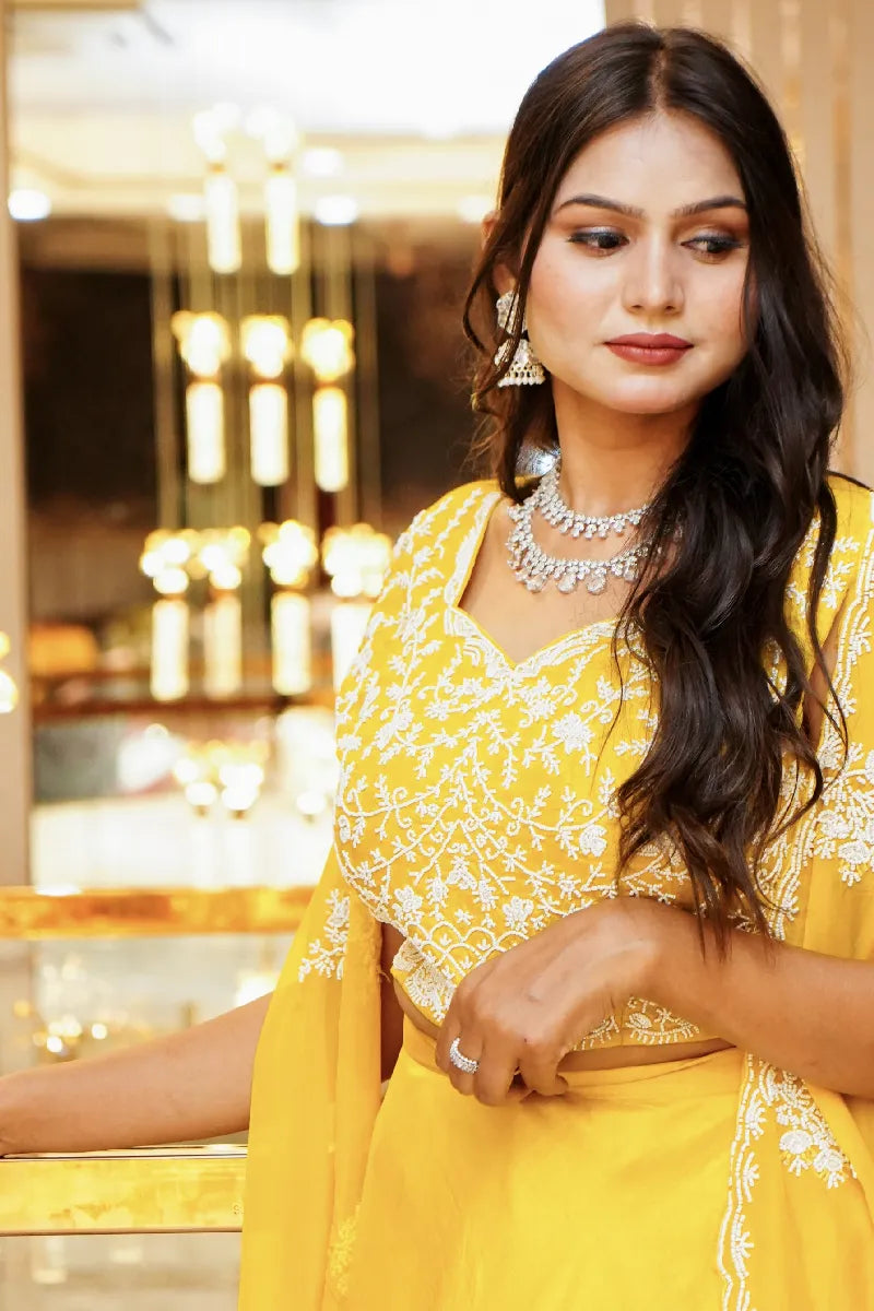 YELLOW COLOR THREE PIECES CROP TOP DESIGN INDO-WESTERN