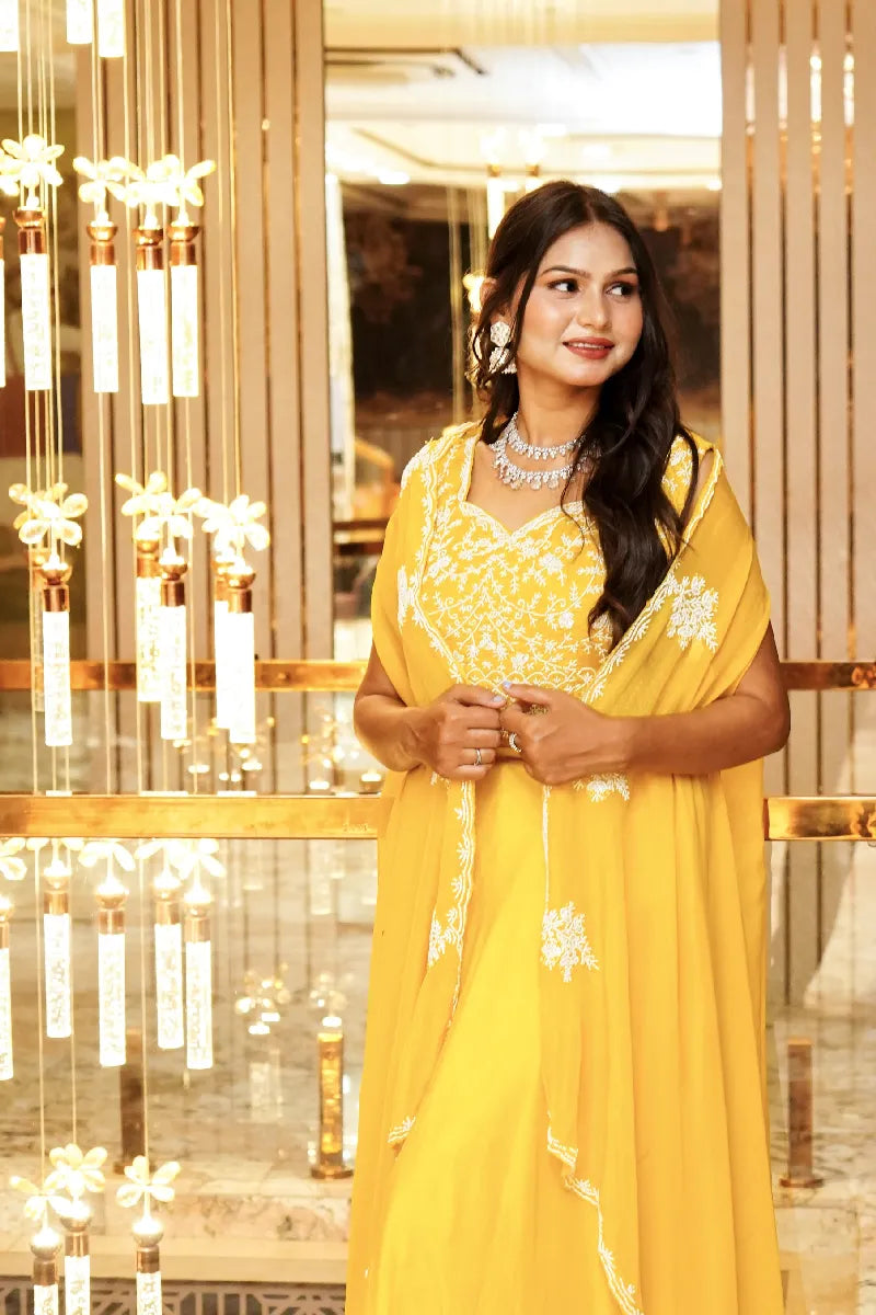 YELLOW COLOR THREE PIECES CROP TOP DESIGN INDO-WESTERN